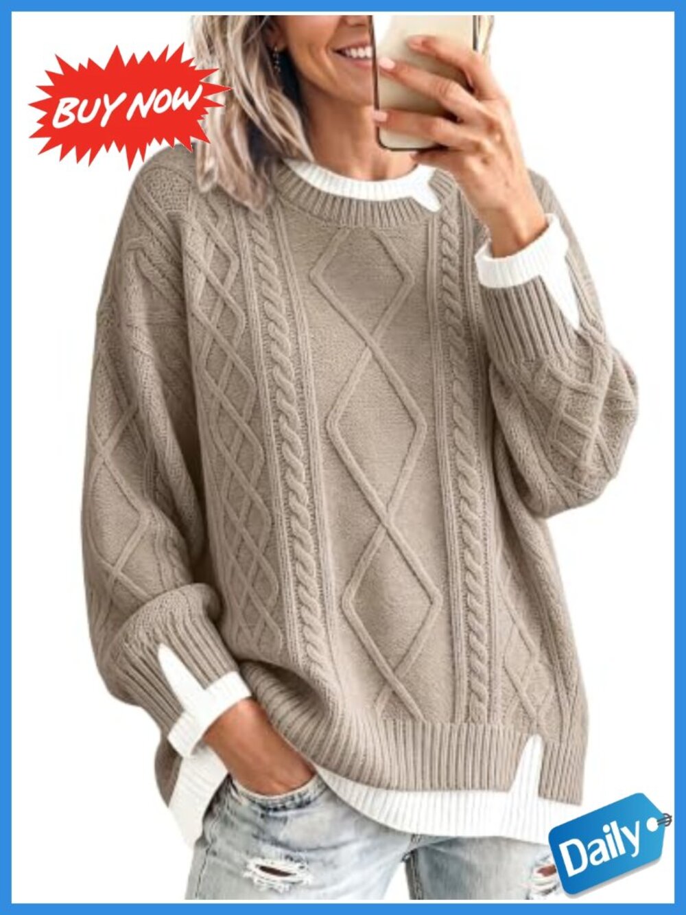 Oversized Cable Knit Sweater Chunky Crewneck Pullover Fall Winter